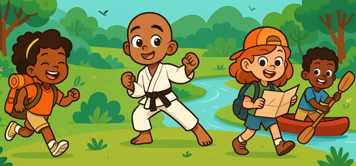 Crianças ilustradas vivendo aventuras no Pantanal